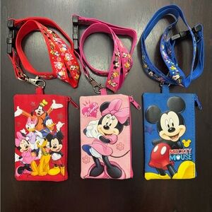 Set of Disney Character Lanyard Wallets - Red, Pink, Blue